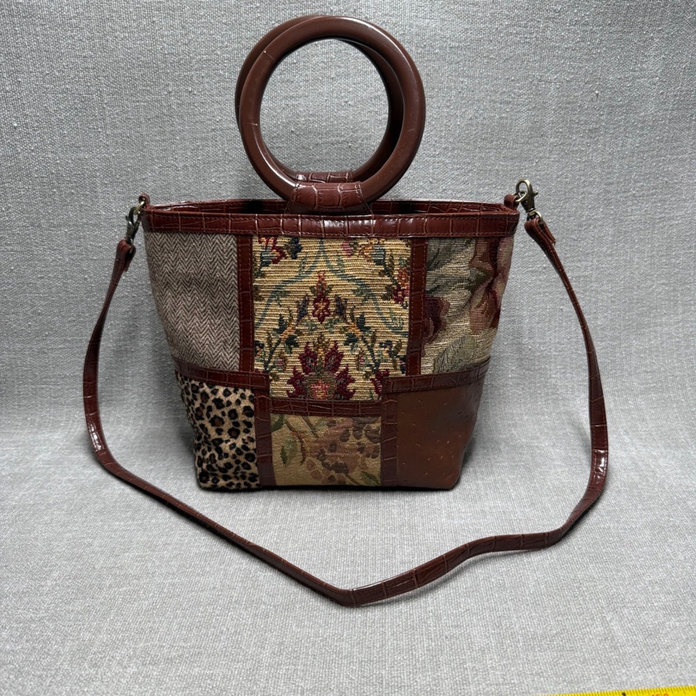 Patchwork Tapestry Handbag Brown Floral Leopard Ring Handle Crossbody Tote Bag